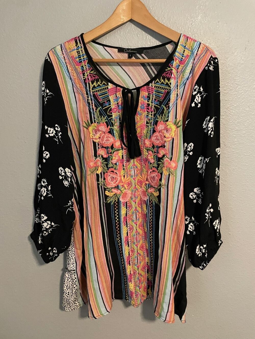Caleesa Tunic Top Womens Large Multicolor Stripe Floral Embroidered Boho Peasant